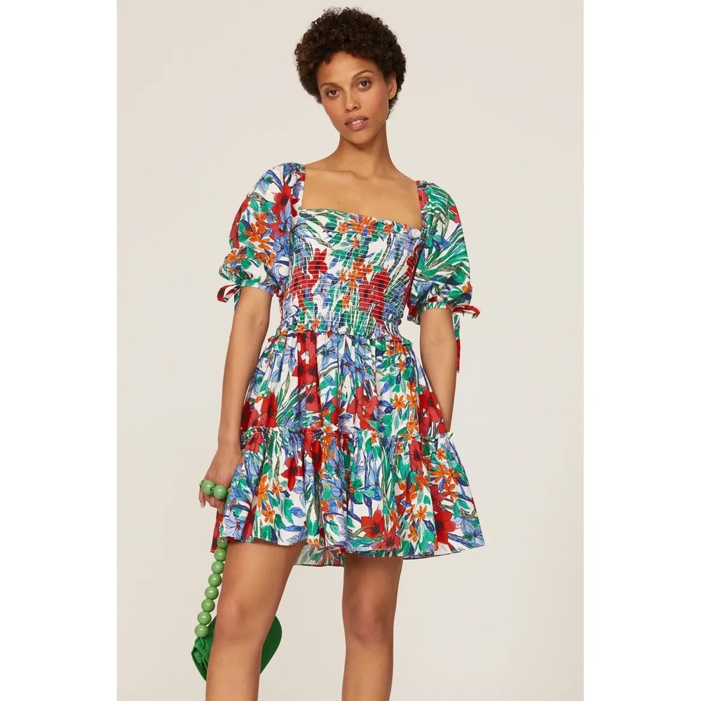 Cara Cara Floral Mini Dress Multi Smocked Puff Sleeve Tiered Cotton M
